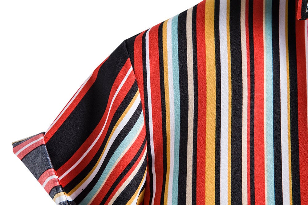 Red Striped Summer Casual Men's Short Sleeve Shirts-Shirts & Tops-Free Shipping at meselling99