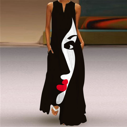 Women Summer Face Print Sleeveless Long Dresses-Boho Dresses-VLCQ-153-S-Free Shipping at meselling99
