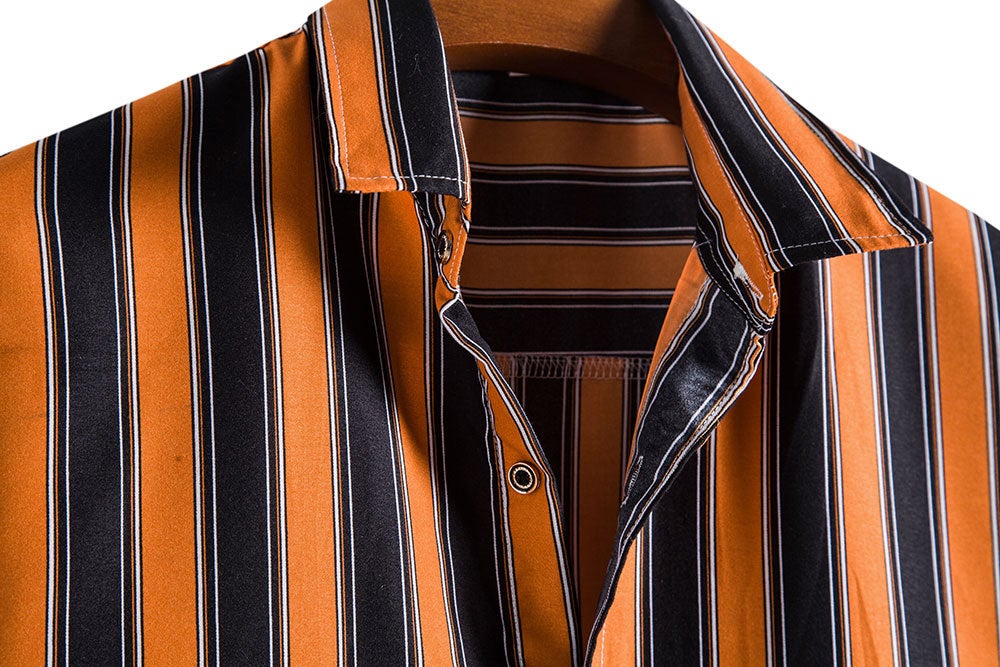 Orange and Black Striped Casual Short Sleeves Shirts for Men-Shirts & Tops-Free Shipping at meselling99