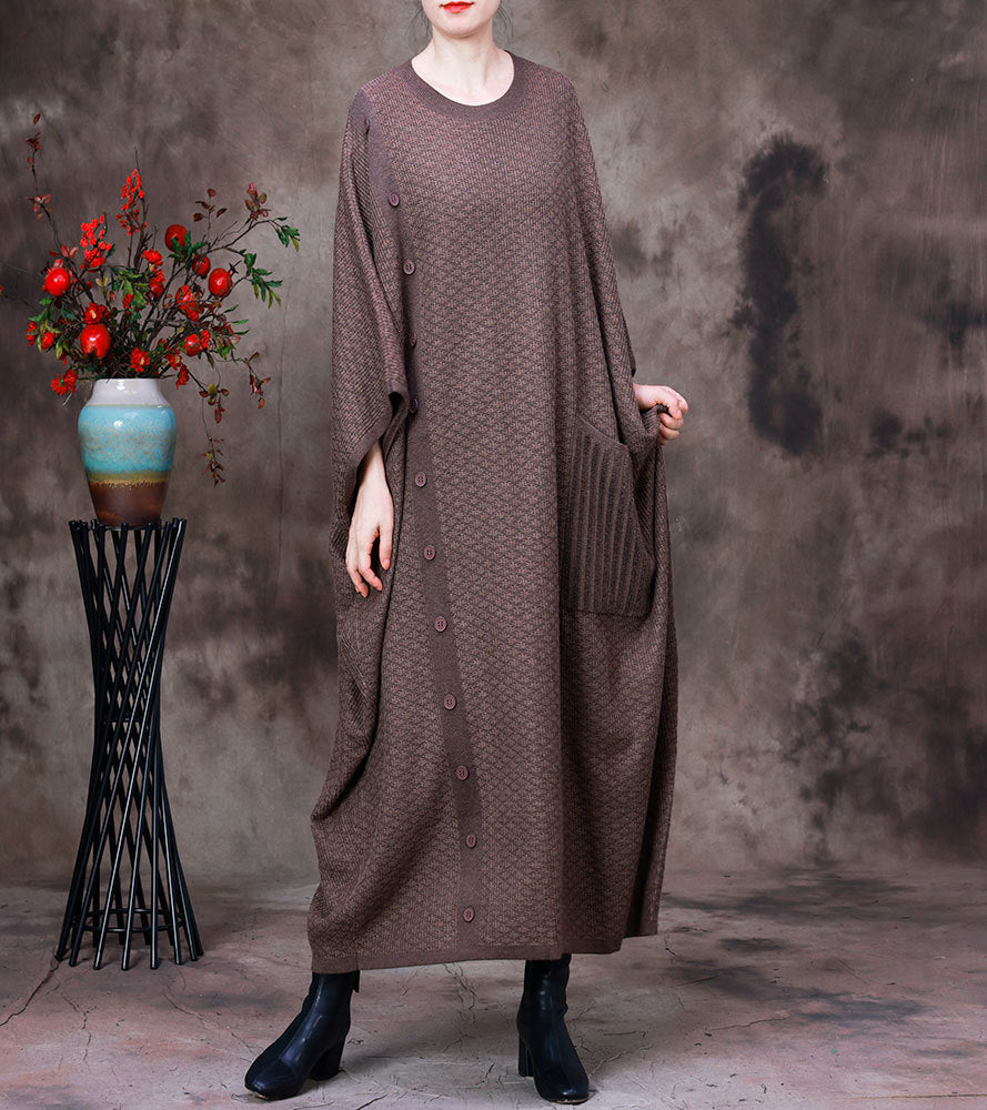 Vintage Bat Sleeves Fall Plus Sizes Woolen Knitting Dresses-Dresses-Light Coffee-One Size-Free Shipping at meselling99