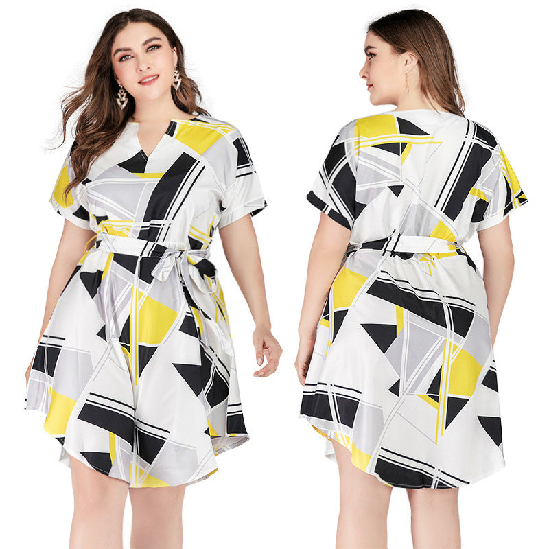 Summer Geometry Print Short Sleeves Plus Sizes Dresses-Dresses-Free Shipping at meselling99