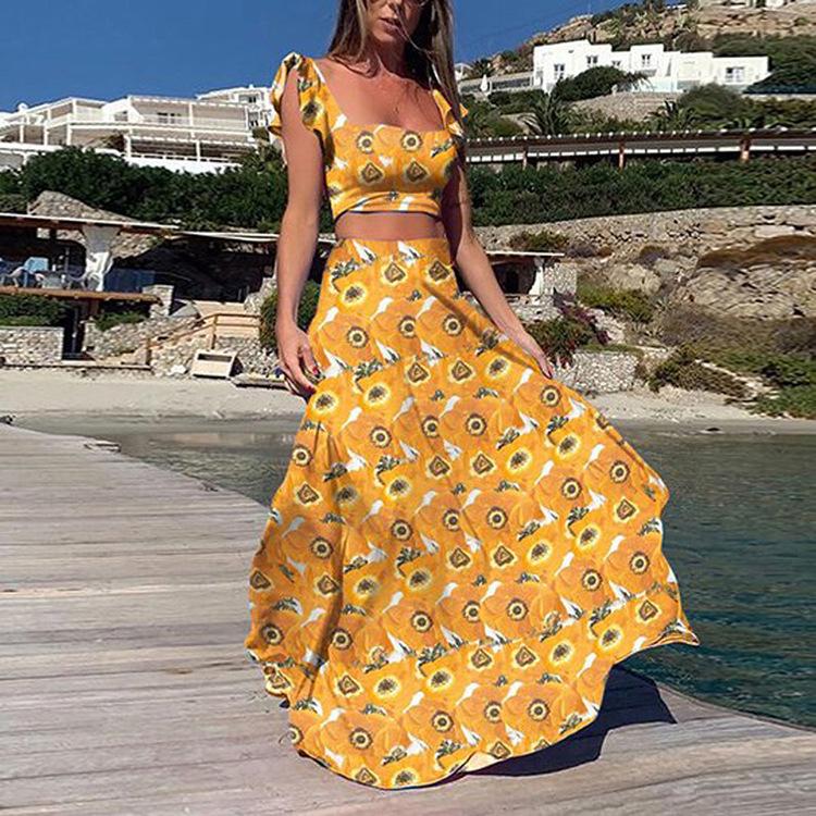 Meselling99 Women Straps Floral Print Tops and Skirt 2pc Sets-Maxi Dresses-Yellow-S-Free Shipping at meselling99