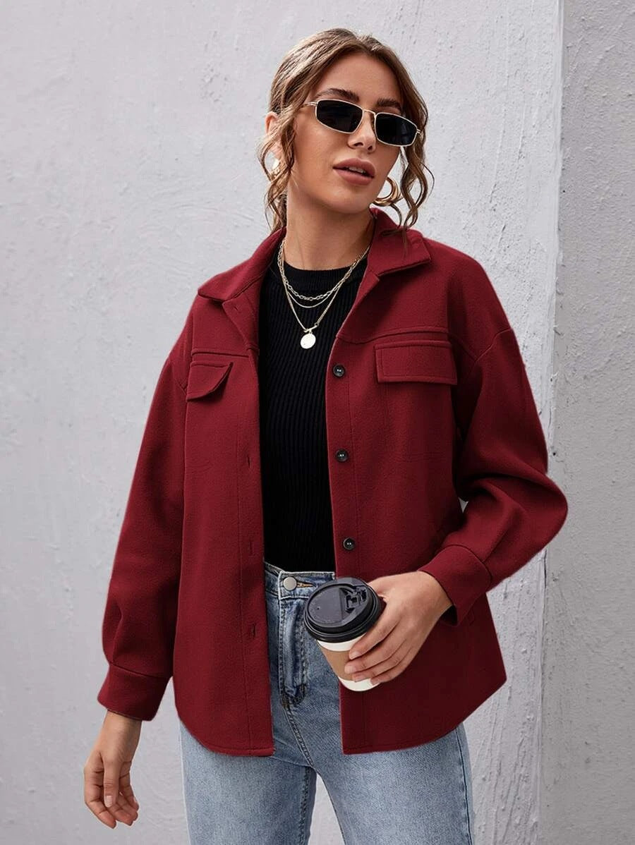 Leisure Women Turnover Collar Overcoat-Coats & Jackets-Wine Red-S-Free Shipping at meselling99