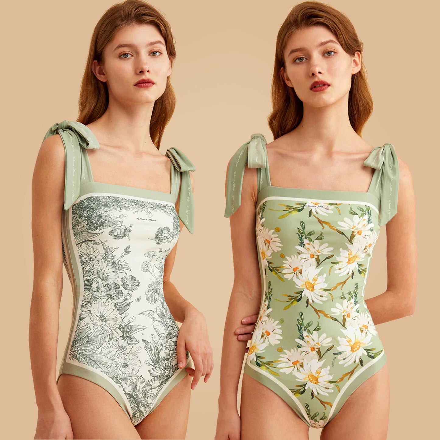 Vintage Strapless Floral Print Women Swimsuits-Swimwear-Green-S-Free Shipping at meselling99
