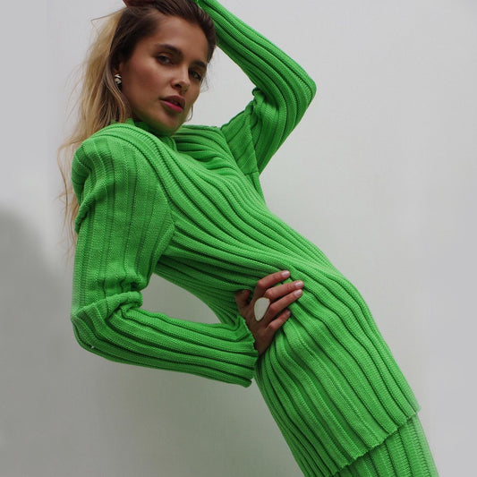 Leisure Women Knitted Two Pieces Sweater Suits-Green-S-Free Shipping at meselling99