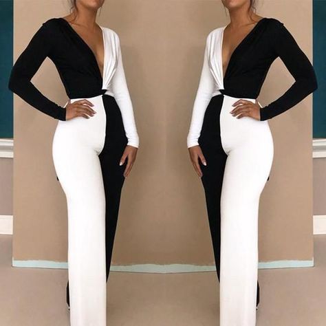 Women Classy Black White Long Sleeves Jumpsuits--Free Shipping at meselling99