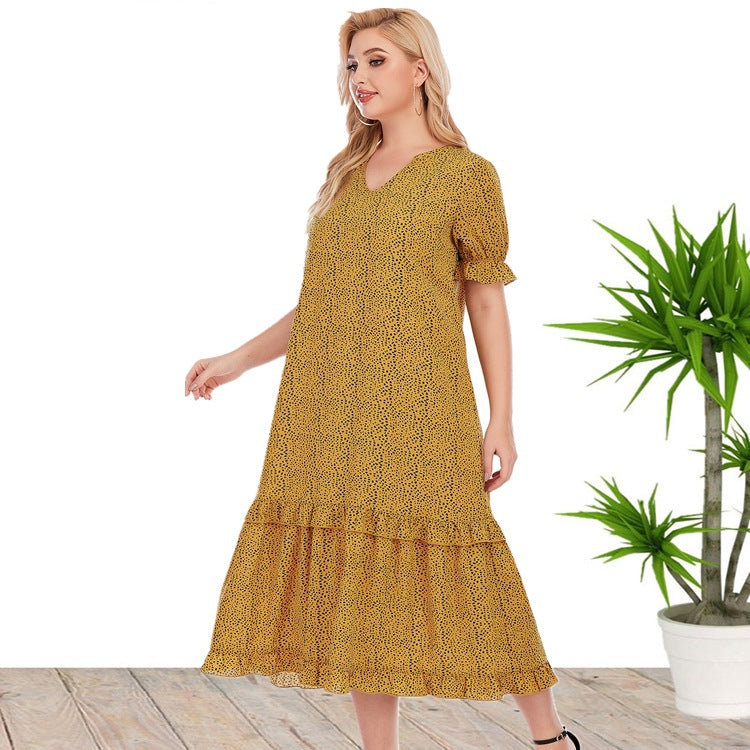 Summer Short Sleeves Loose Yellow Plus Size Dresses-Maxi Dresses-Free Shipping at meselling99
