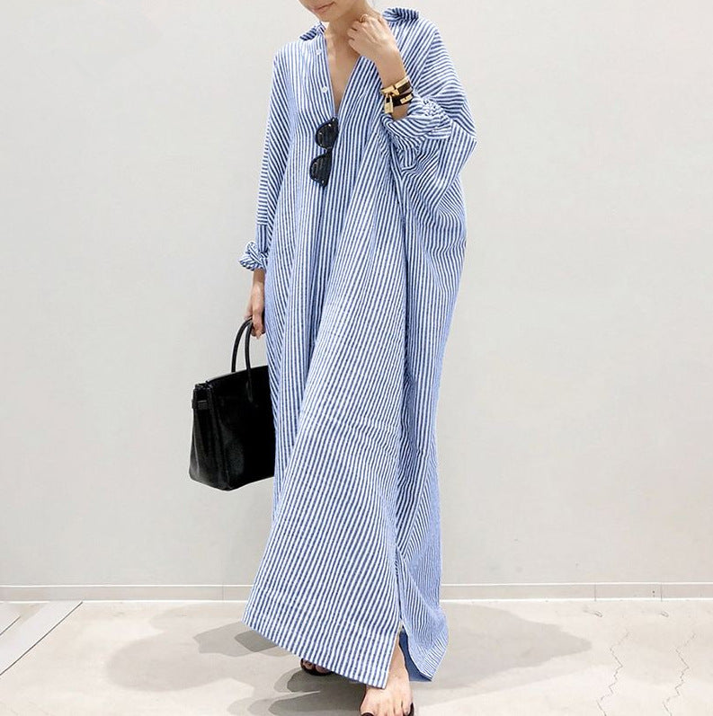 Casual Striped Plus Sizes Irregular Women Long Cozy Dresses-Dresses-Sky Blue-S-Free Shipping at meselling99