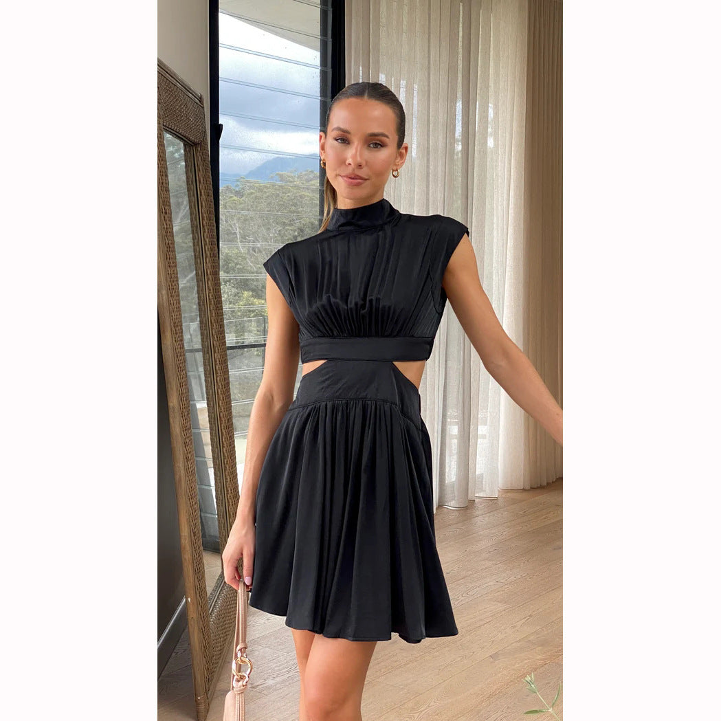 Fashion Stand Collar Midriff Baring Short Dresses-Dresses-Black-S-Free Shipping at meselling99