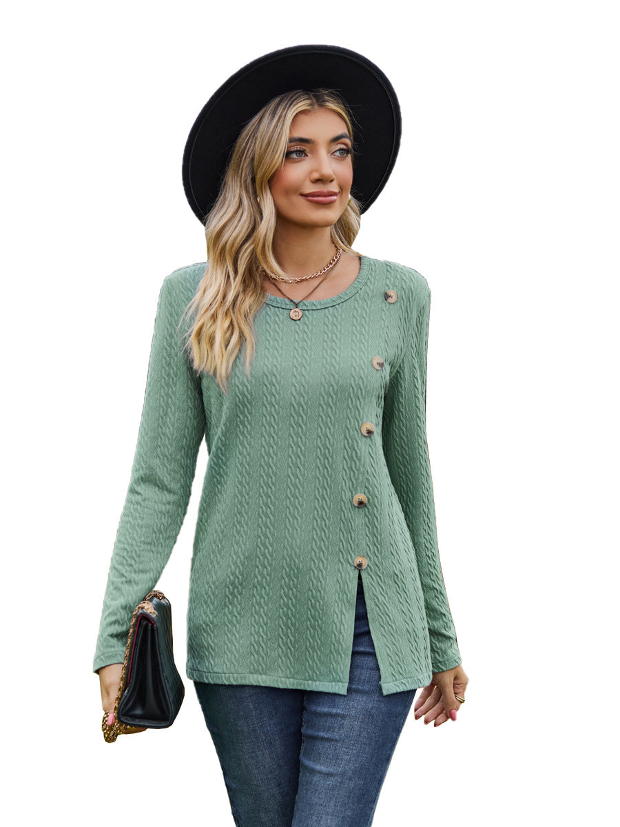 Fashion Round Neckline Button Long Sleeves Shirts-Shirts & Tops-Dark Green-S-Free Shipping at meselling99
