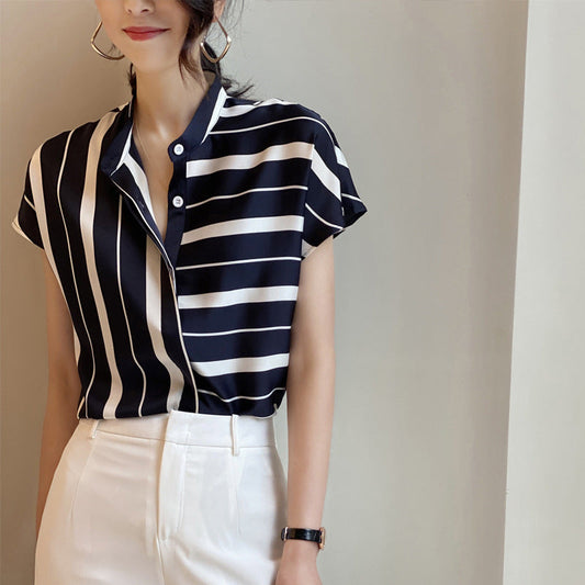 Women Chiffon Striped Stand Collar Short Sleeves T Shirts-Shirts & Tops-Free Shipping at meselling99