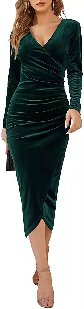 Vintage V Neck Irregular Long Sleeves Party Dresses-Dresses-Green-S-Free Shipping at meselling99