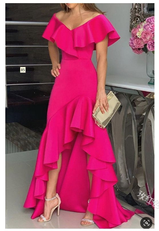 Sexy Classy V Neck Irregular Ruffled Women Long Dresses-Dresses-Rose Red-S-Free Shipping at meselling99