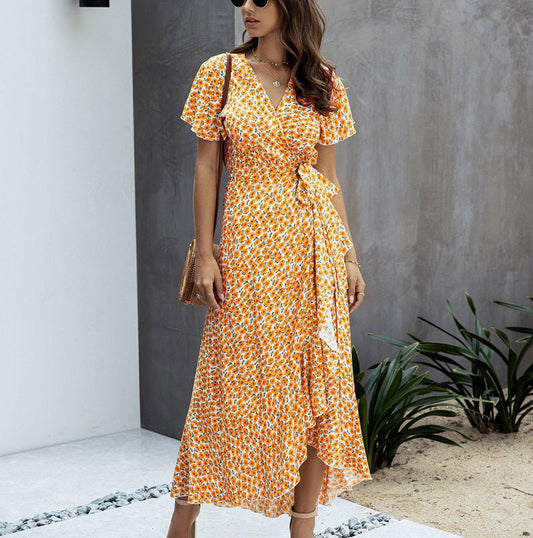Summer Casual Dot Print Ruffled Short Sleeves Long Dresses-Dresses-Free Shipping at meselling99