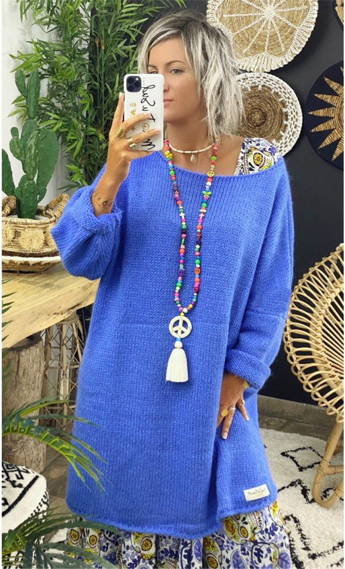 Casual Women Round Neck Knitted Loose Sweaters-Women Sweaters-Blue-S-Free Shipping at meselling99