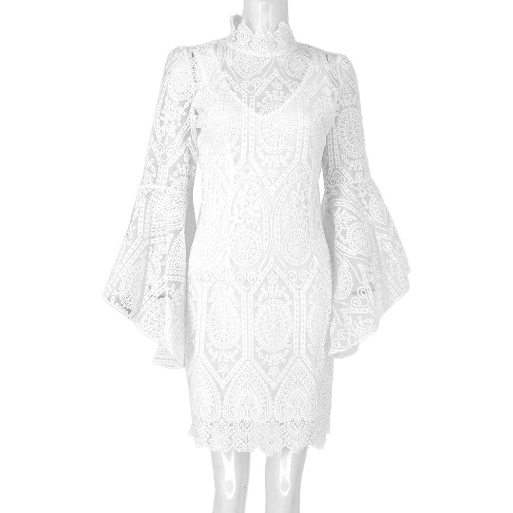White Lace Trumpet Sleeves Women Party Dresses-Dresses-Free Shipping at meselling99