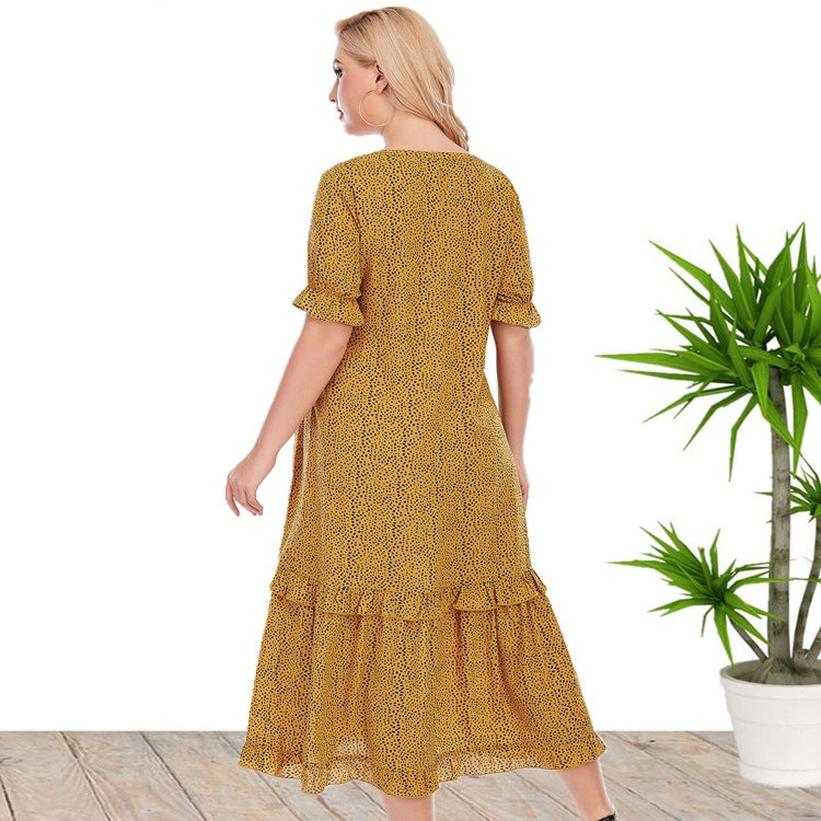 Summer Short Sleeves Loose Yellow Plus Size Dresses-Maxi Dresses-Free Shipping at meselling99