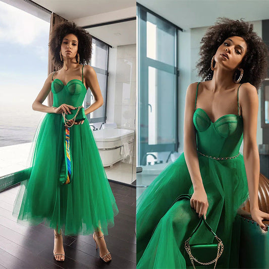 Green Tulle Shoulder Straps Party Dresses-Dresses-Free Shipping at meselling99