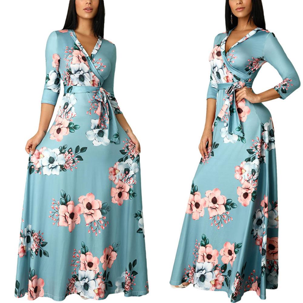 Plus Sizes Floral Women Autumn Party Dresses-Dresses-Light Blue-S-Free Shipping at meselling99