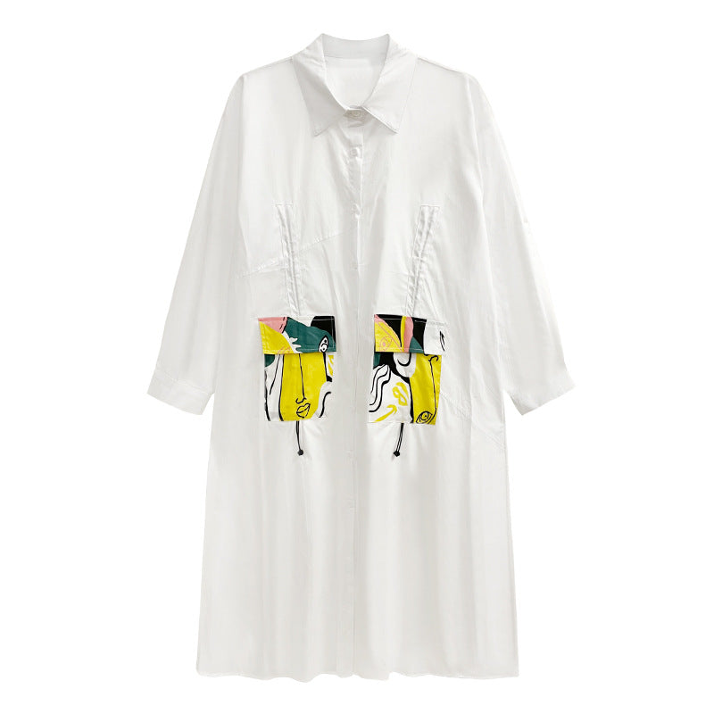 Designed Plus Sizes Long Sleeves Midi Shirts Dresses-White-One Size-Free Shipping at meselling99