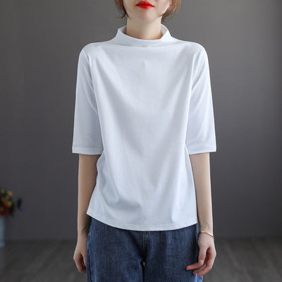 Vintage Half Sleeves Women High Neck T Shirts-Shirts & Tops-White-One Size-Free Shipping at meselling99