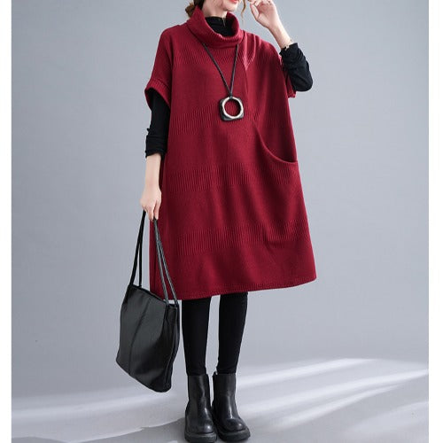 Elegant Turtleneck Plus Sizes Loose Dresses-Dresses-Wine Red-L-Free Shipping at meselling99