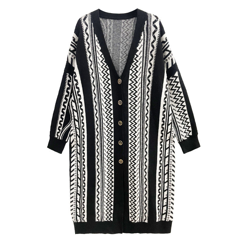 Casual Black Striped Long Knitted Cardigan Tops-Outerwear-Black-One Size-Free Shipping at meselling99