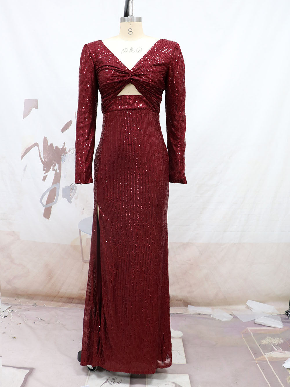 Sexy Long Sleeves Sequined Evening Dresses-Dresses-Wine Red-S-Free Shipping at meselling99
