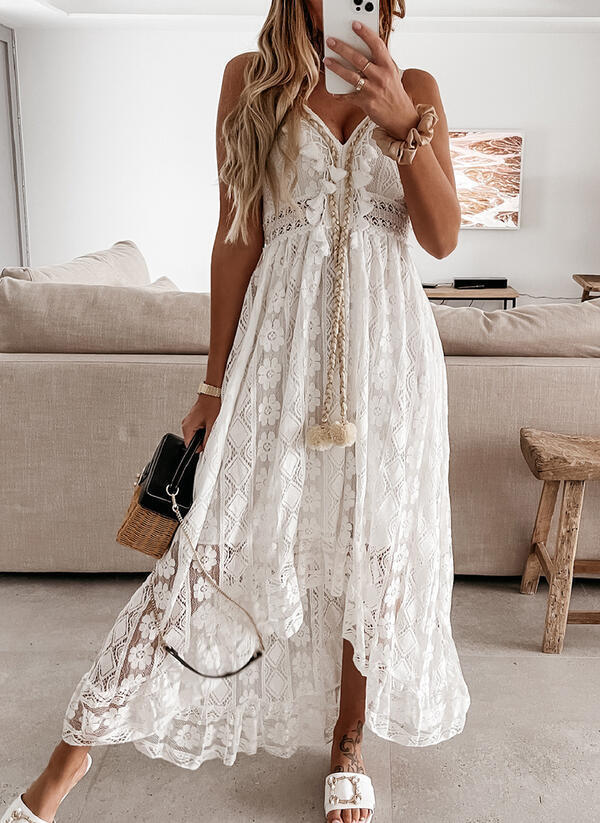 Summer Lace V Neck Sexy Midi Dresses-Maxi Dresses-White-S-Free Shipping at meselling99