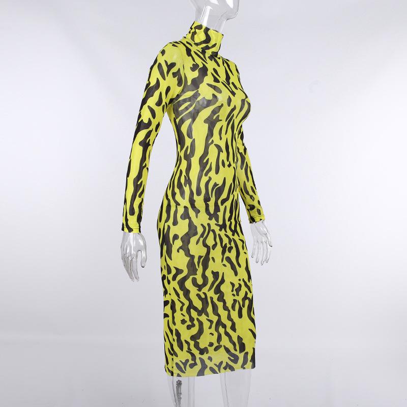 Sexy High Neck Yellow Leopard Long Sleeves Women Dresses-Dresses-Free Shipping at meselling99