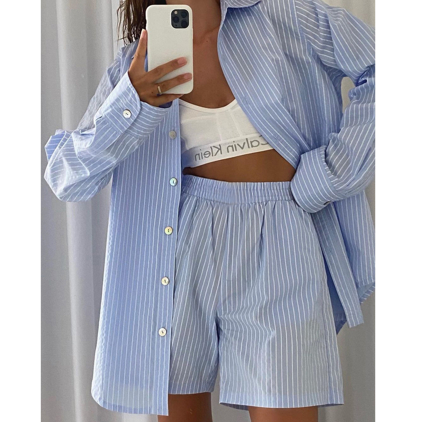 Fashion Leisure Summer Striped Two Pieces Suits-Women Suits-Blue-S-Free Shipping at meselling99