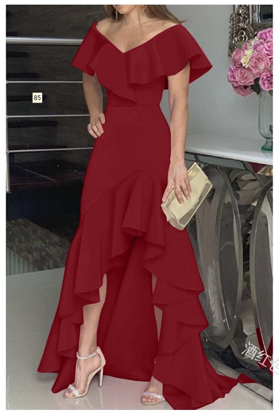 Sexy Classy V Neck Irregular Ruffled Women Long Dresses-Dresses-Wine Red-S-Free Shipping at meselling99
