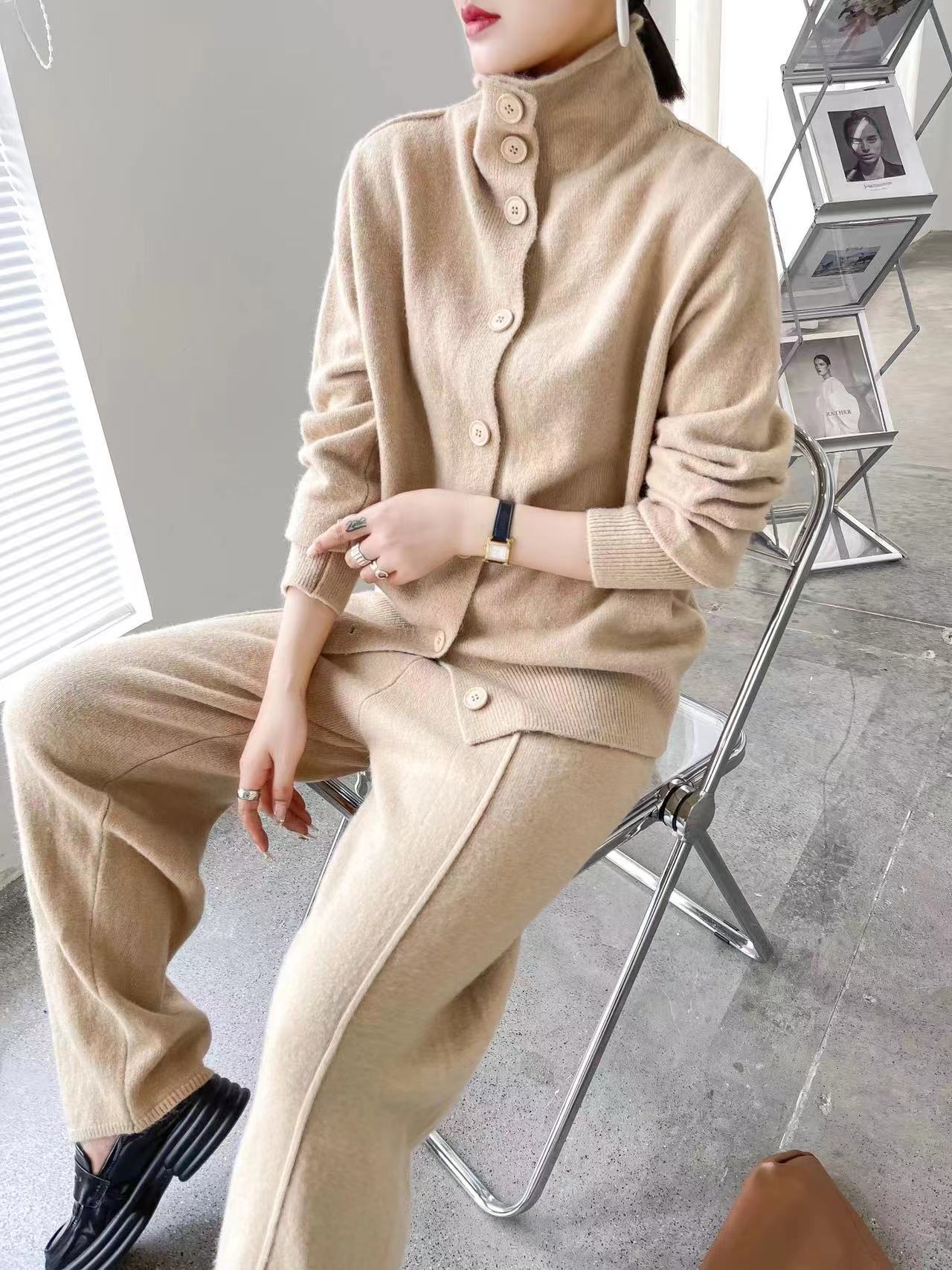 Fashion Two Pieces Knitted Suits for Women-Suits-Khaki-One Size-Free Shipping at meselling99