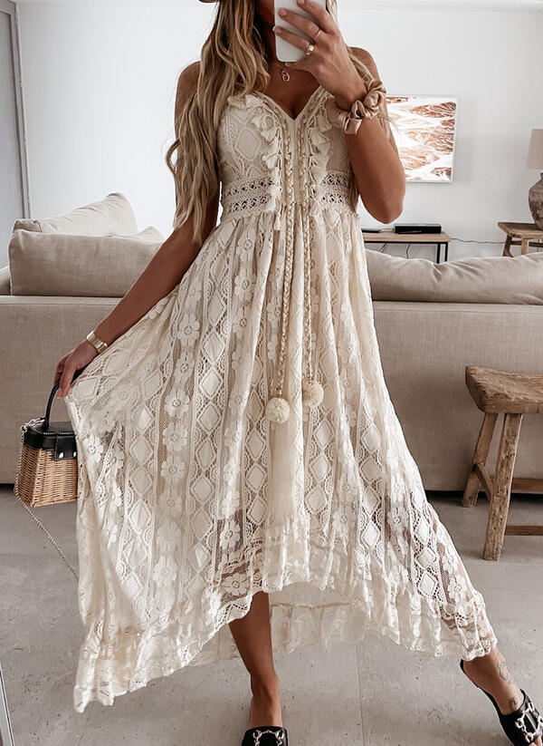 Summer Lace V Neck Sexy Midi Dresses-Maxi Dresses-Off the white-S-Free Shipping at meselling99