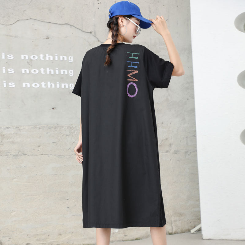 Letter Designed Summer Short Sleeves Plus Sizes Midi Dresses-Dresses-Black-One Size-Free Shipping at meselling99