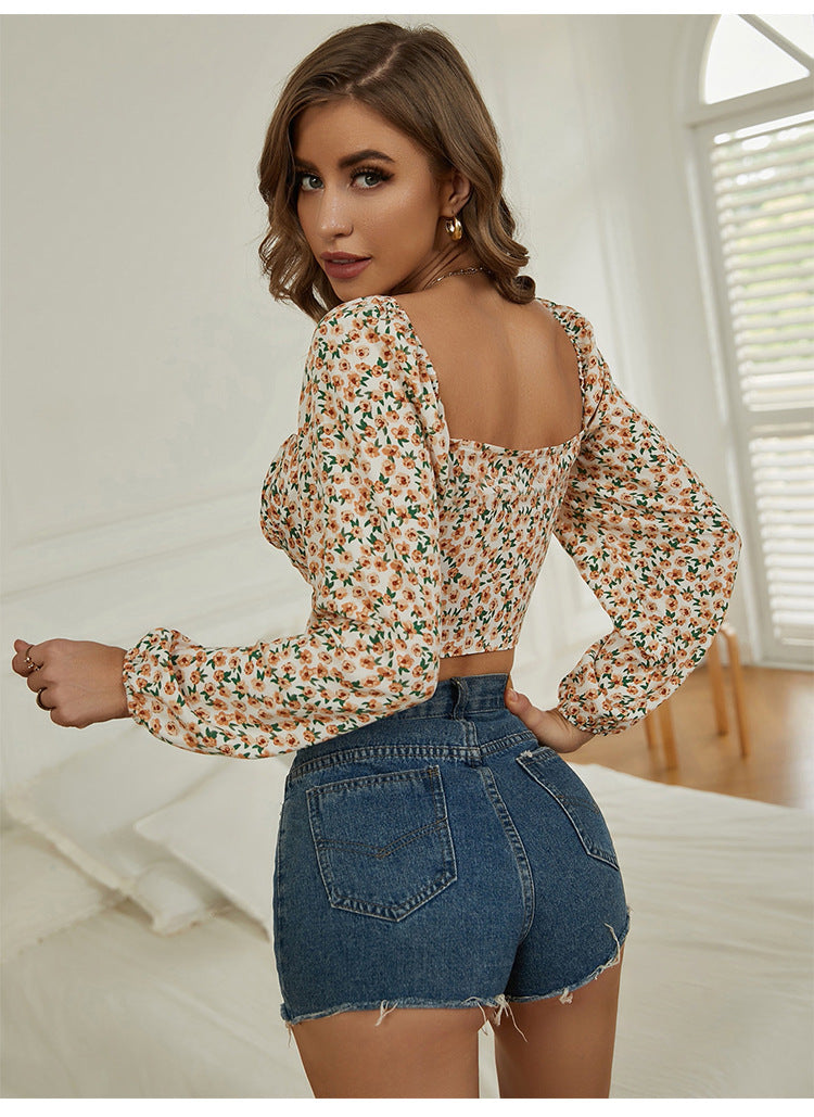 Vintage Square Neckline Long Sleeves Women Short Tops-Shirts & Tops-Free Shipping at meselling99