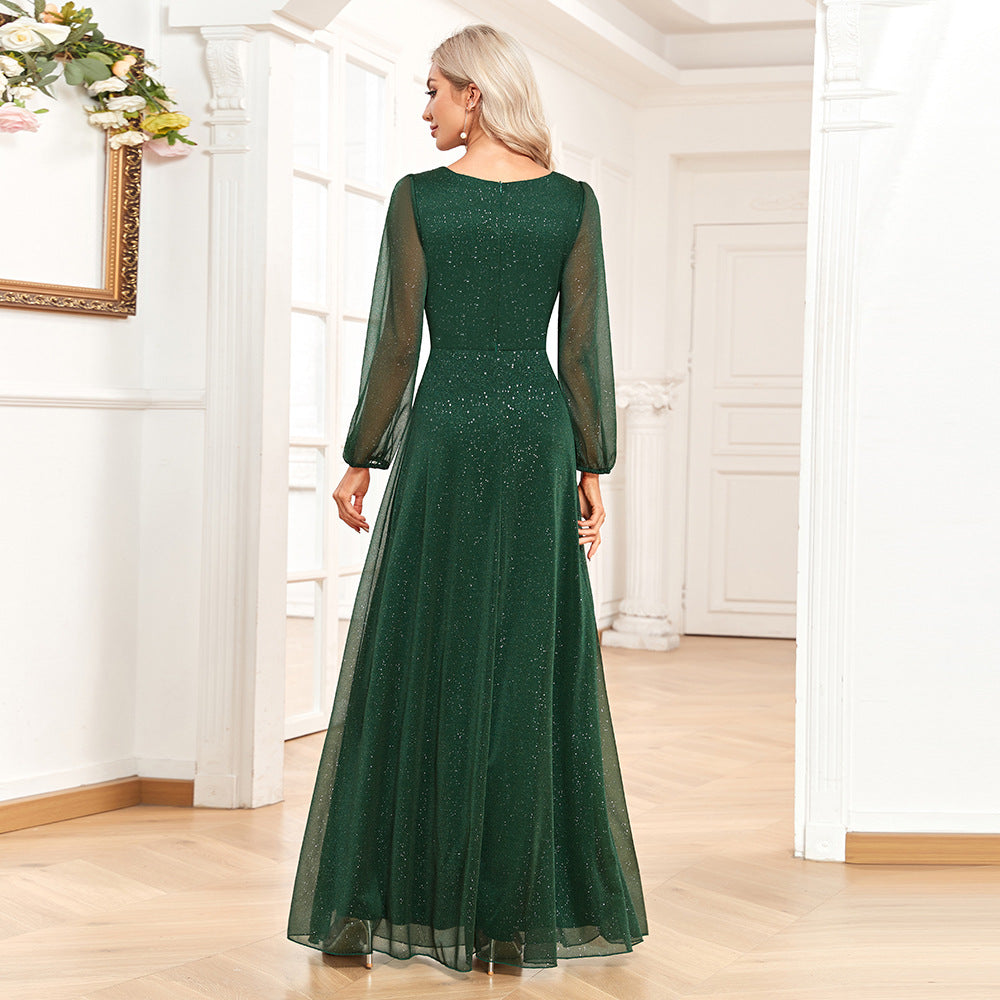 Green Chiffon V Neck Long Sleeves Party Dresses/bridesmaid Dresses-Dresses-Free Shipping at meselling99