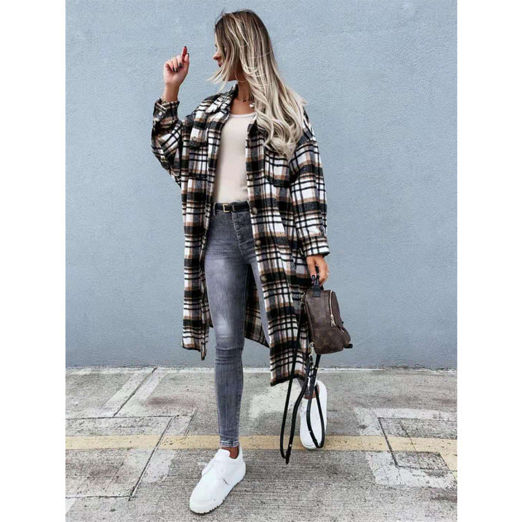 Women Casual Plaid Fall Long Sleeves Shirts-Coffee-S-Free Shipping at meselling99