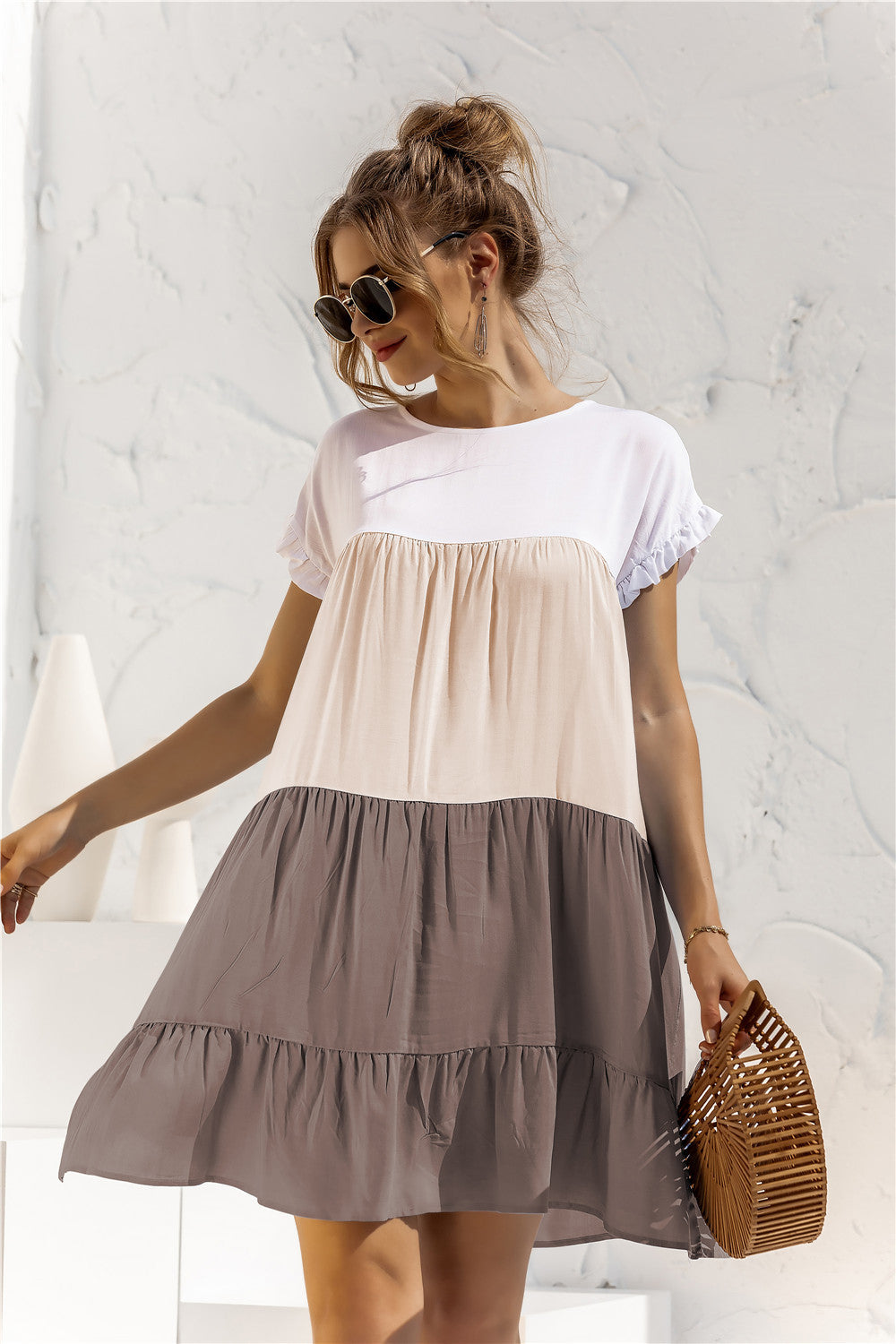 Summer Leisure Ruffled Daily Short Dresses-Mini Dresses-Khaki-S-Free Shipping at meselling99