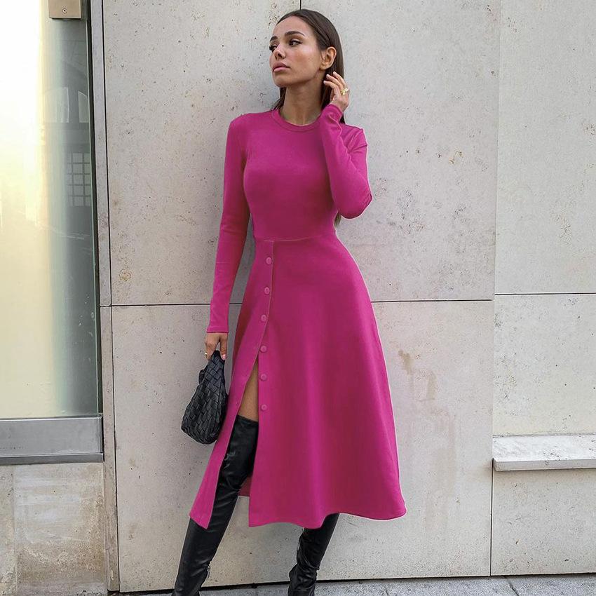 Sexy Autumn Round Neck Slim Kntited Long Dresses-Dresses-Pink-S-Free Shipping at meselling99