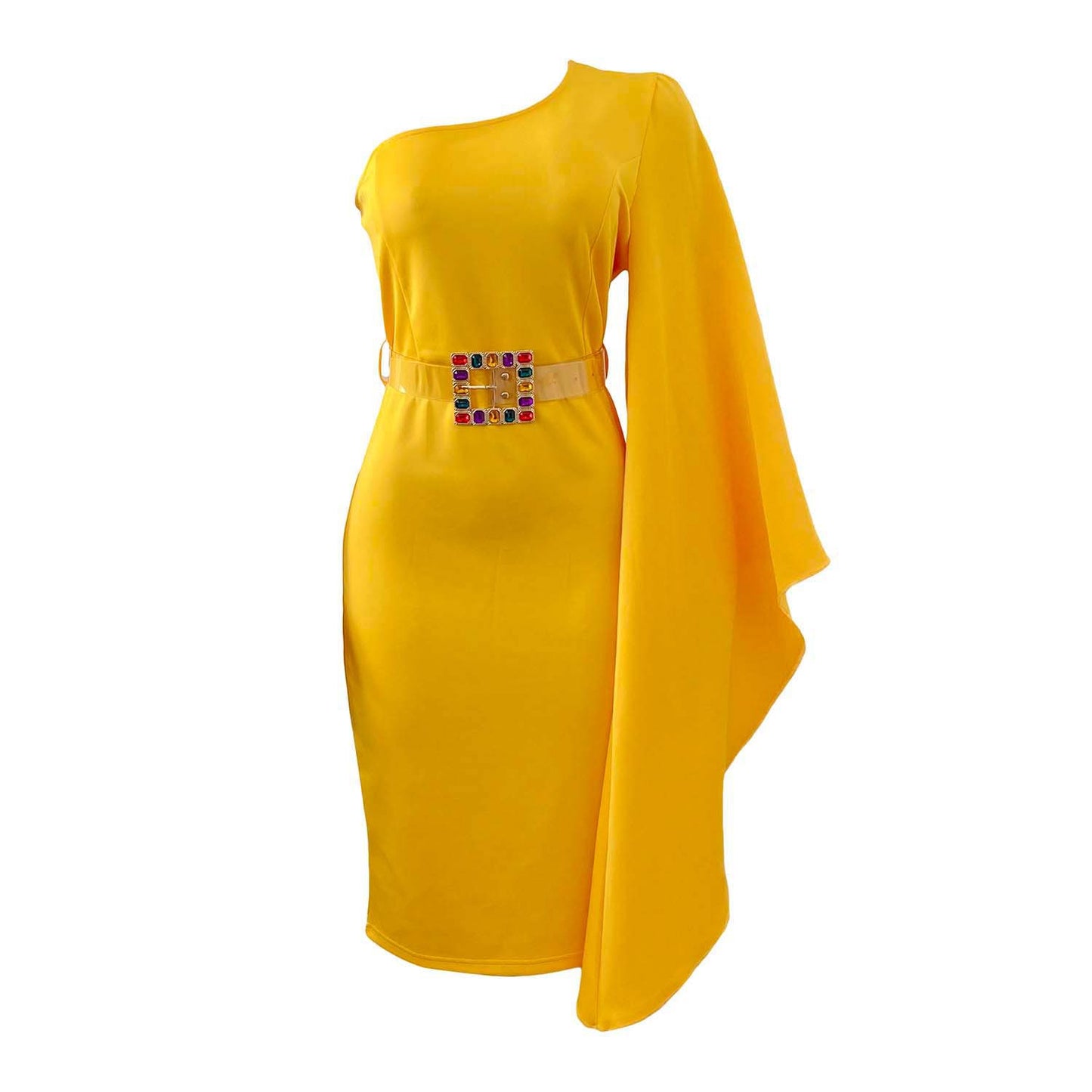 One Shoulder High Waist Plus Sizes Sexy Women Dresses-Plus Size Dresses-Yellow-S-Free Shipping at meselling99