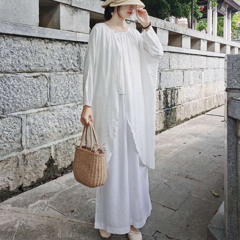 Casual White Long Sleeves Blouses and Linen Pants-Suits-Free Shipping at meselling99