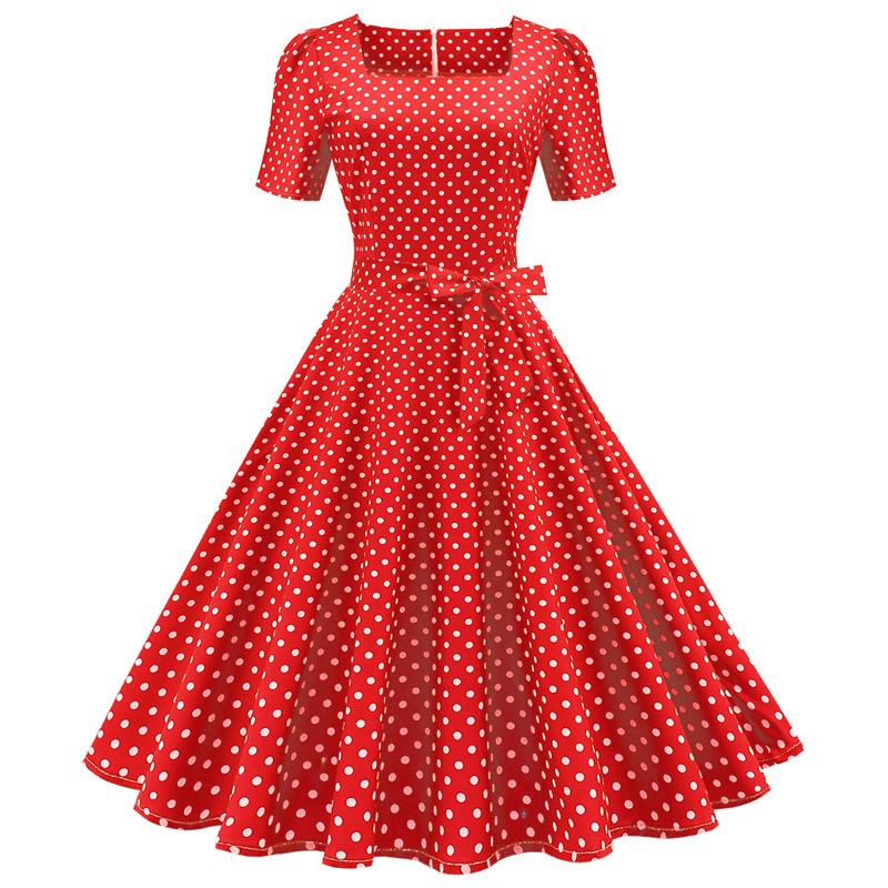 Short Sleeve Square Neckline Vintage Print Dot Dresses-Vintage Dresses-4-S-Free Shipping at meselling99