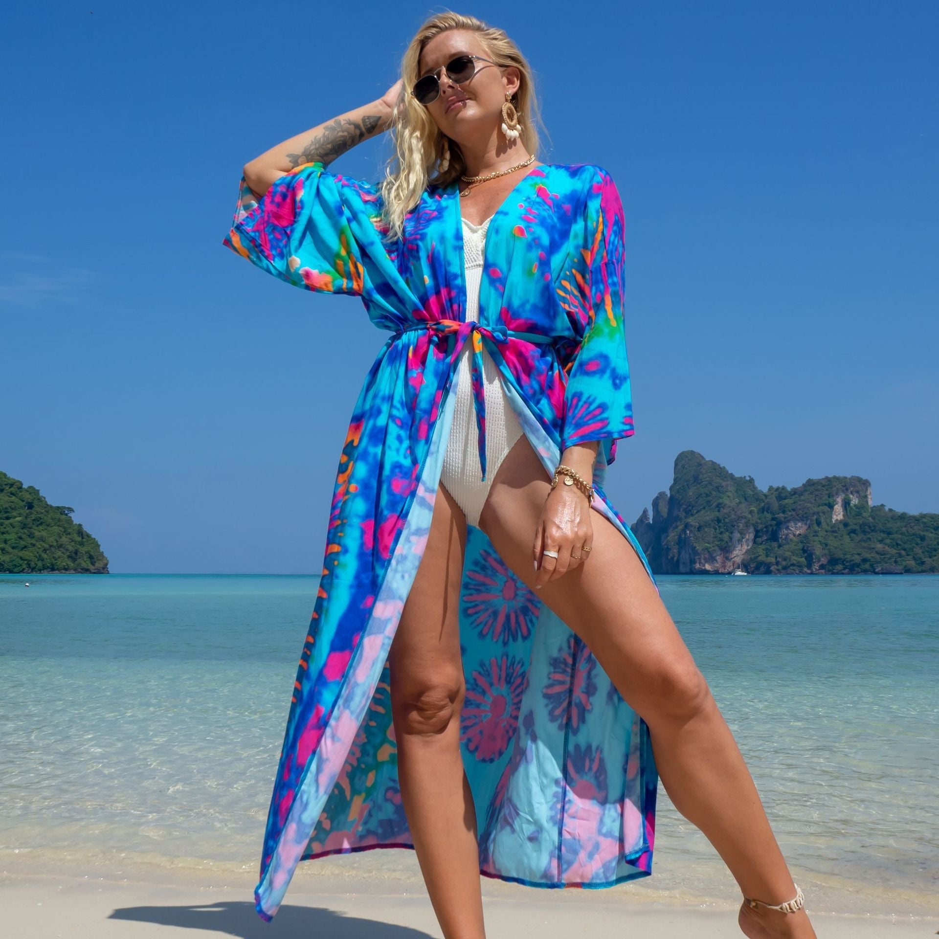 Fashion Floral Print Summer Kimono Beachwear Cover Ups-Blue Dyed-One Size-Free Shipping at meselling99