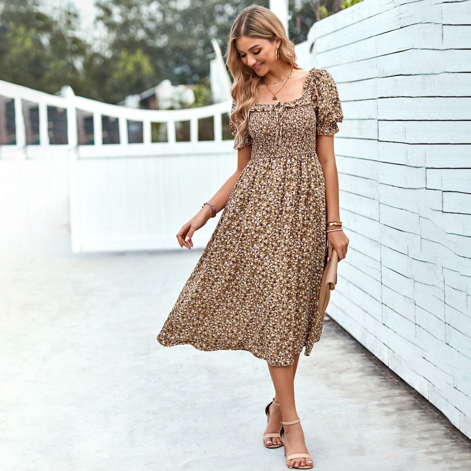 Elegant Square Neckline Summer Midi Dresses-Dresses-Brown-S-Free Shipping at meselling99