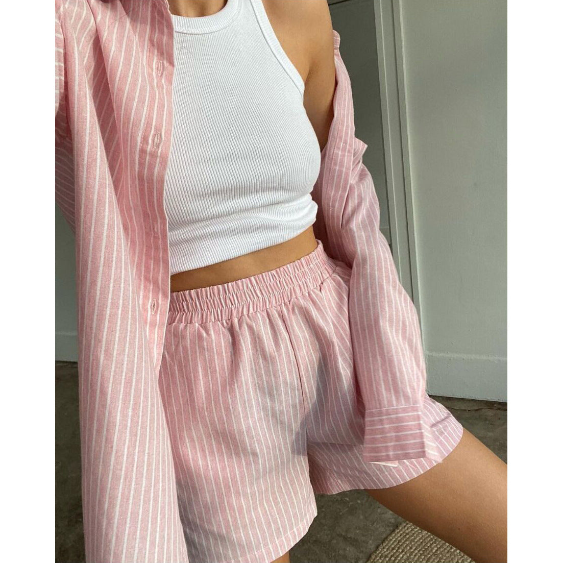 Fashion Leisure Summer Striped Two Pieces Suits-Women Suits-Pink-S-Free Shipping at meselling99
