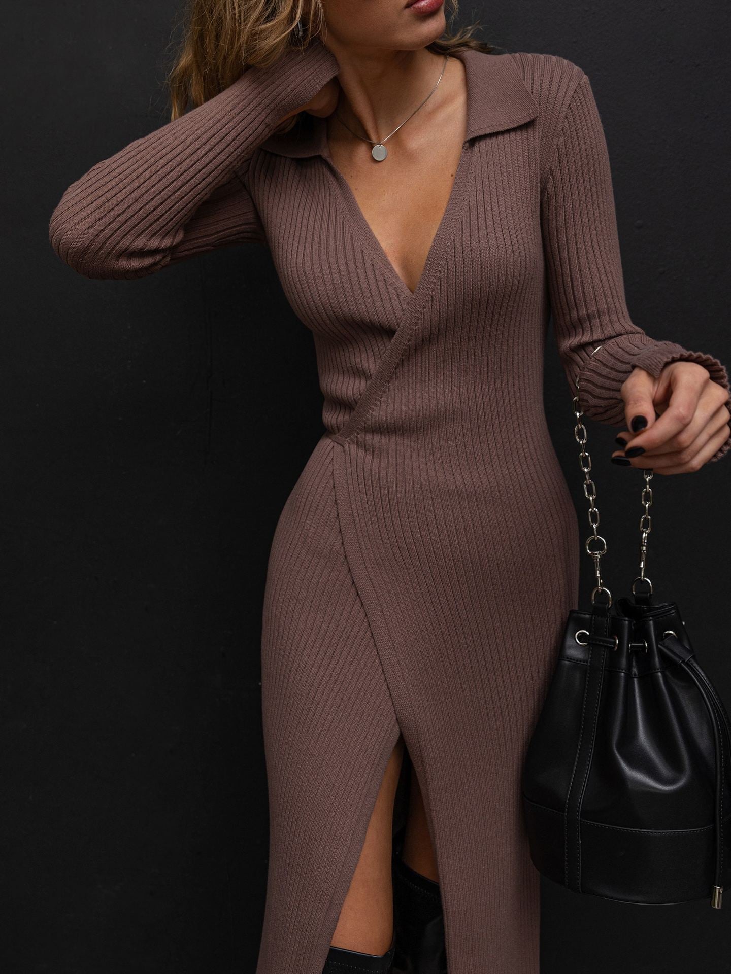 Sexy Polo Neckline Tight Knitted Dresses-Dresses-Free Shipping at meselling99