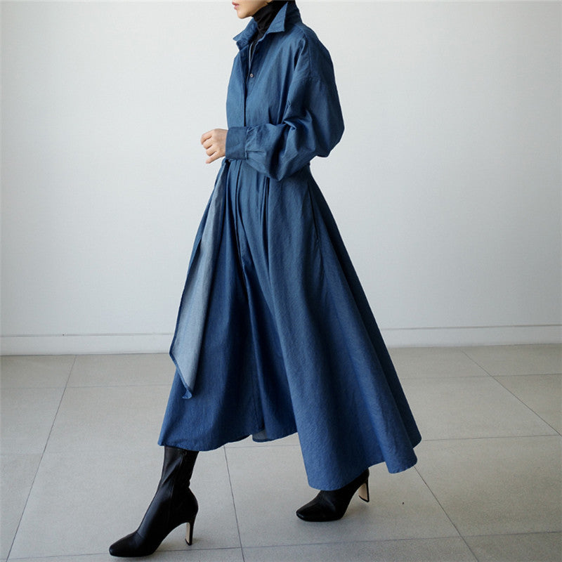 Blue Long Sleeve Loose Denim Shirts Maxi Dresses-Cozy dresses-Free Shipping at meselling99