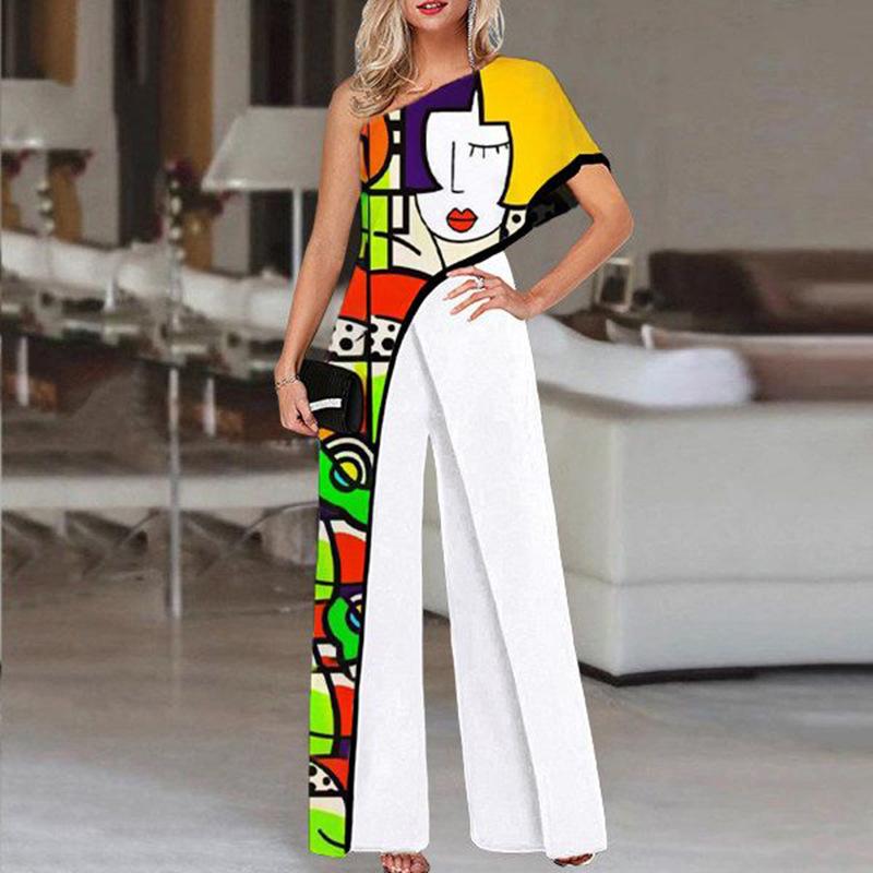 Women One Shoulder Graffiti High Waist Loose Jumpsuits--Free Shipping at meselling99