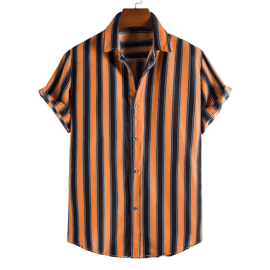 Orange and Black Striped Casual Short Sleeves Shirts for Men-Shirts & Tops-DC120-S-Free Shipping at meselling99
